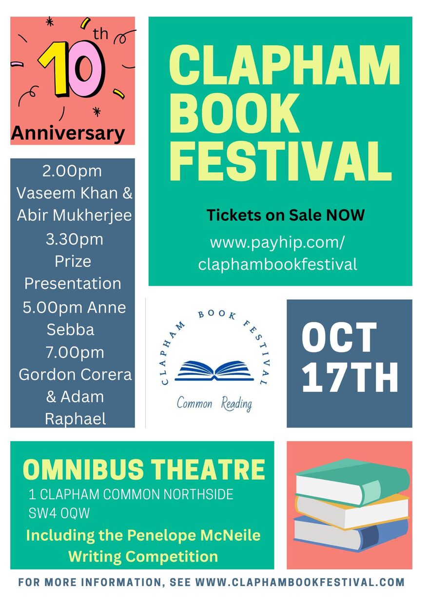 Poster detailing when and where the Clapham Book Festival will take place, plus those appearing at it.