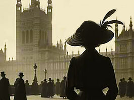Constance in profile and looking from Westminster Bridge at the Houses of Parliament