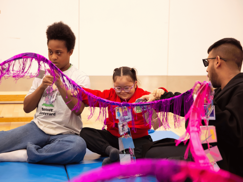 A young person in a BLINK workshop is playing with a long, purple spring. It has purple fringe hanging from it, as well as a visual timetable; cards that explain what is going to happen in a session