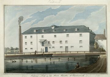 Watercolour painting showing Watney's Mill on the Wandle with boats in front of it and smoke coming out of the chimney.
