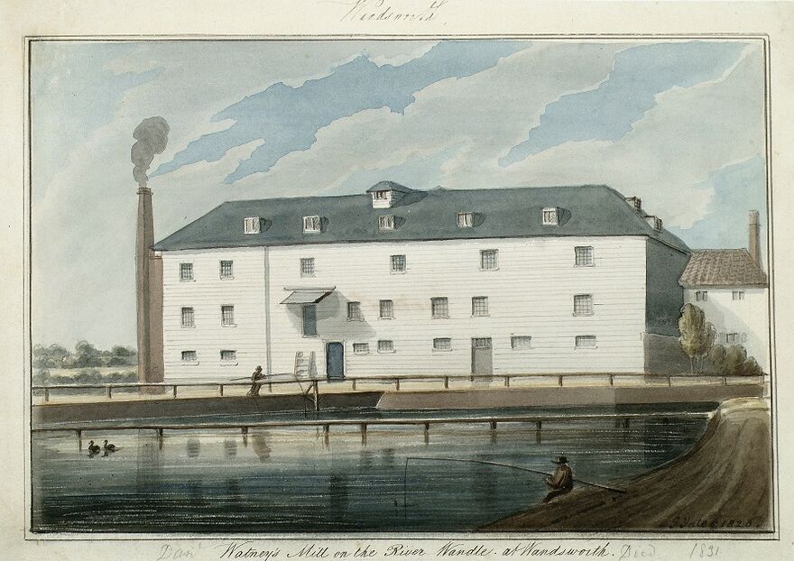 Watercolour painting showing Watney's Mill on the Wandle with boats in front of it and smoke coming out of the chimney.