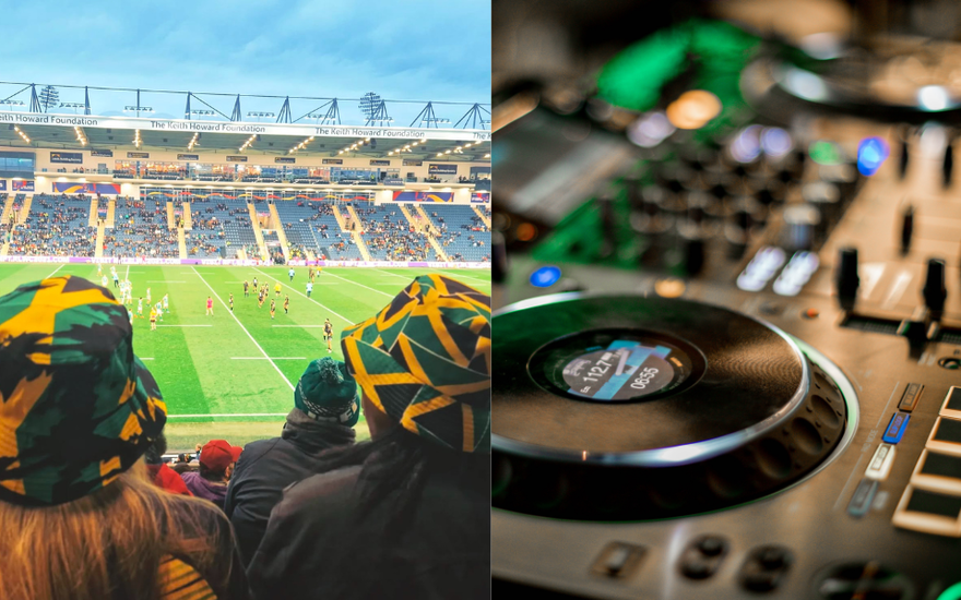 A split image - the left half of the image is of a rugby stadium with a rugby match playing. The view is from amongst the spectators seating, with the back of heads of other spectators, some wearing hats with a Jamaican flag design. The right half of the image if of a DJ music equipment. 
