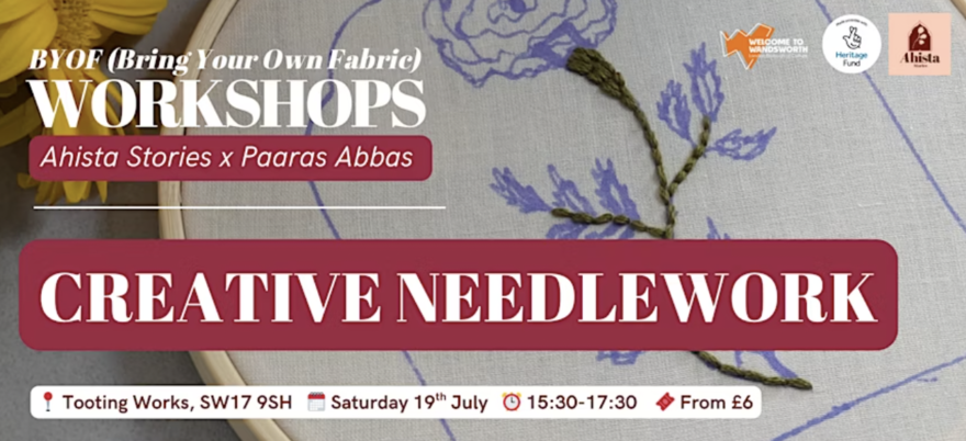 Picture of a flower embroidery with details of the workshop.