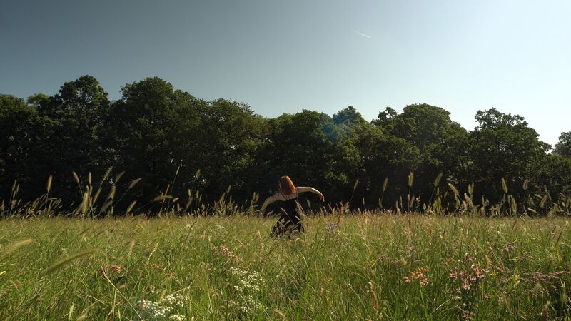 A dancer stands in a meadow, facing away from the camera with arms extended and body tilted to the side.