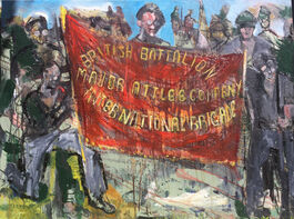 Painting of people holding a banner for the International Brigade