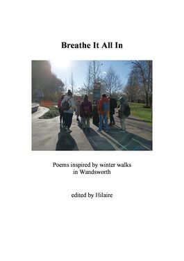 The cover of Breathe It All In booklet, featuring a photo of a group of people in King George's Park, with the sun shining behind them