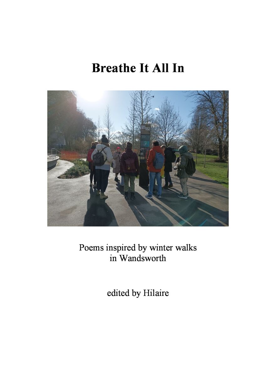 The cover of Breathe It All In booklet, featuring a photo of a group of people in King George's Park, with the sun shining behind them