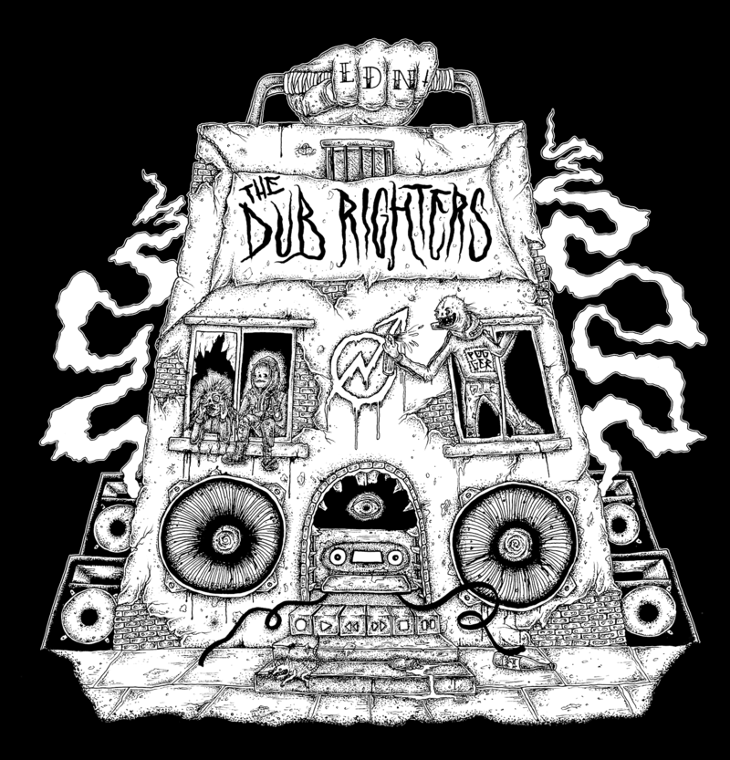 The Dub Righters illustrated logo of a boombox in black and white