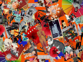 A dense digital collage on a bright orange background combining archival photographs, animals, flowers, abstract textures, and contemporary technology. At the centre stands a cut-out image of a young child in a striped swimsuit, surrounded by layered elements including a cat, a goose, mushrooms, red flowers, newspaper clippings, scientific diagrams, paint splashes, and a camera drone. Black-and-white family photographs and fragments of printed text are scattered throughout, creating a chaotic, playful composition that blends personal memory, natural forms, and machine imagery