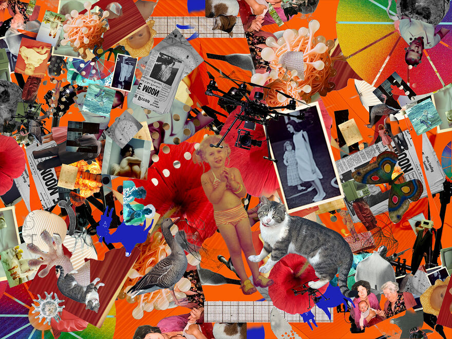 A dense digital collage on a bright orange background combining archival photographs, animals, flowers, abstract textures, and contemporary technology. At the centre stands a cut-out image of a young child in a striped swimsuit, surrounded by layered elements including a cat, a goose, mushrooms, red flowers, newspaper clippings, scientific diagrams, paint splashes, and a camera drone. Black-and-white family photographs and fragments of printed text are scattered throughout, creating a chaotic, playful composition that blends personal memory, natural forms, and machine imagery