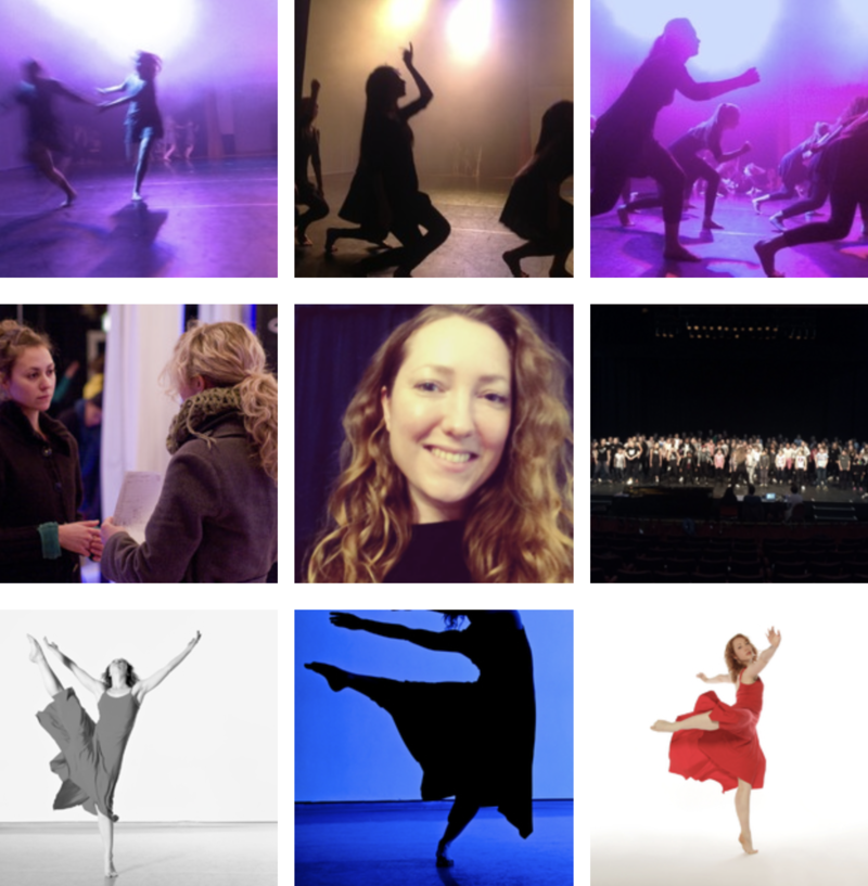 Choreographer Mel Simpson surrounded by photos of workshops and performances