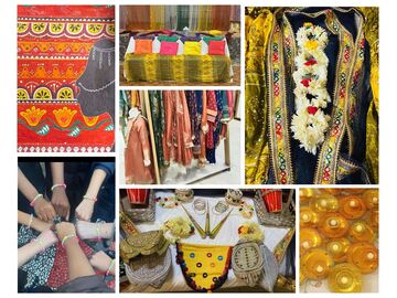 The image show the cultural celebration dresses,henna, cultural accessories ,painting and friendship bracelet show cultural unity.