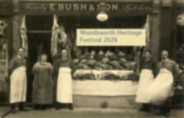 Bush & Sons butchers with butchers in front.  The following text has been added: Wandsworth Heritage festival 2026.