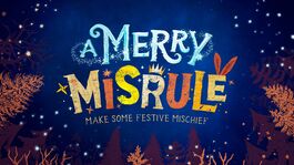 A dark night sky with browning trees surrounding the perimeter of the image. In the centre, words are created partially from ice, partially as brown and orange stamps, with stars twinkling around them. The text reads 'A Merry Misrule'