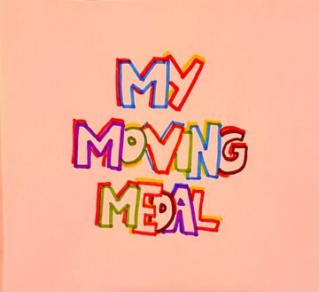 In colourful capital letters are written three words on top of each other: