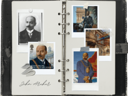 A black notebook containing various images of John Archer, attached using tape or a pin. Three blobs of grey paint are smeared next to each other on one of his images, with the name “John Archer” written at the bottom left-hand side of the notebook. 