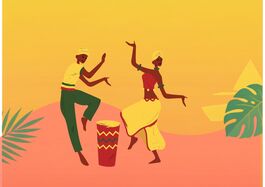 Illustrated scene of two people dancing beside a brightly coloured hand drum in a tropical setting. The dancers are shown in dynamic poses, surrounded by large green leaves against a warm yellow and orange background.