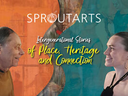 Father and daughter facing each other with a background incorporating a wartime figure, headline Intergenerational Stories of Place, Heritage & Connection
