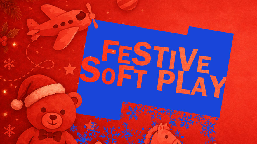 Text overlaid on image is transparent against a dark navy background. It reads ‘Festive Soft Play’. At the bottom of the treatment the blue background fades into snowflakes. A graphical image of lots of different Christmas toys – a teddy bear, a rocking horse, a toy airplane – gathered underneath a Christmas tree with fairy lights on it. All the image apart from the title treatment is a very merry red.  