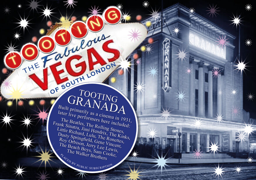A night-time photo of Tooting Granada and a blue plaque showing the names of many of the famous artists who have played there