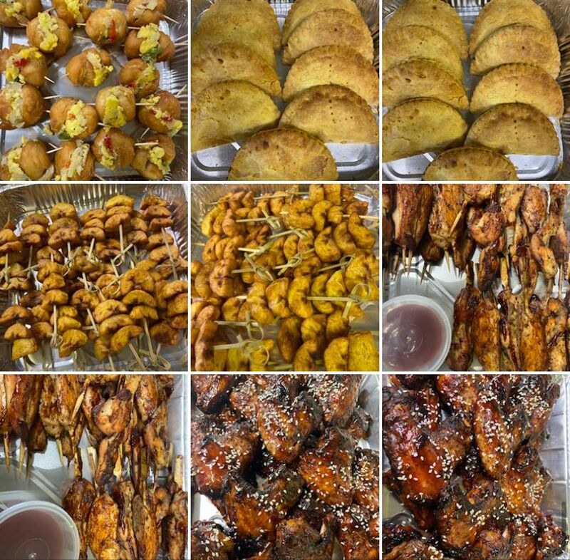 a tray jamaican food items - jerk chicken and patties