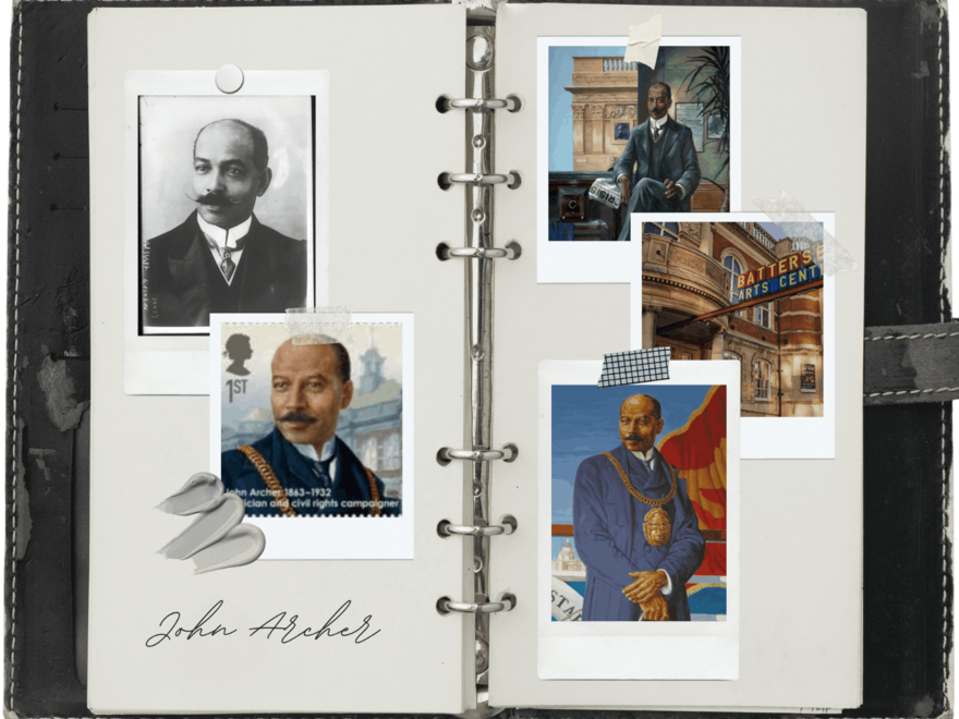 A black notebook containing various images of John Archer, attached using tape or a pin. Three blobs of grey paint are smeared next to each other on one of his images, with the name “John Archer” written at the bottom left-hand side of the notebook. 