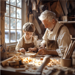 Images shows a grandpa with wite hair carving in a workshop with a little boy.