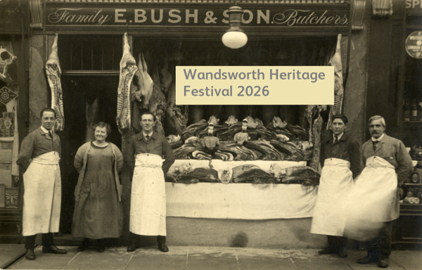 Buh & Sons butchers with butchers in front.  The following text has been added: Wandsworth Heritage festival 2026.