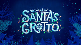 An inky black sky with icy trees surrounding the edge. In the centre, letters made of icicles read 'Santa's Grotto' with twinkling fairy lights weaved between them.