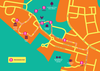 Map showing the Urban Flow procession route from Parkstead House to Downshire Field (Bull Green) with stops at key locations including Roehampton Recreation Centre, Focus Hall, Mount Clare House, and the Bull Statue. Route follows Danebury Avenue and nearby streets. Stops marked with walking/music icons.