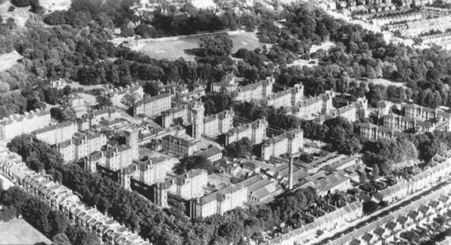 Old Black and white photo from above of the Tooting Bec hospital site