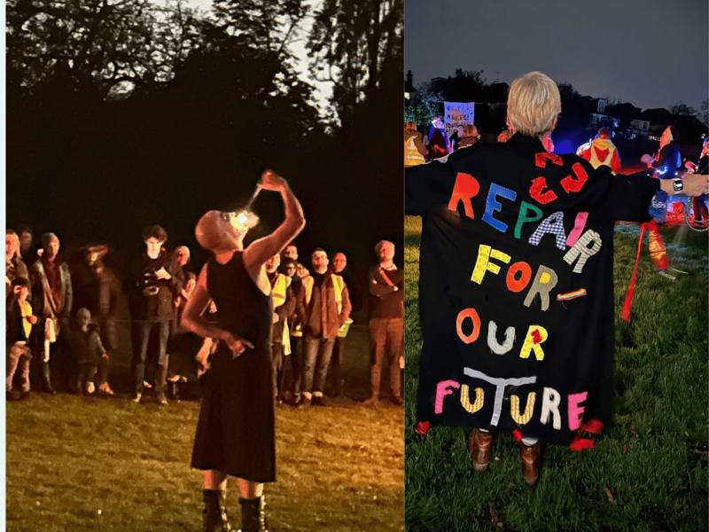 Firebreather performing and woman dancing with a coat that says 'repair for our future'