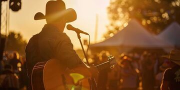 Country music guitarist playing outdoors at a festival wearing a cowboy hat