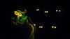 In the dark, a women wearing green sings. She has large circles over her eyes making her look bug-like. In the darkness behind her, 6 pairs of eyes are glowing.