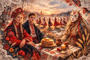 Young woman and young man in traditional emboidered Ukrainian clothing sitting on the left. There is a table with pancakes, a candle and water jug in the middle. To the right, there is a creature in a brown fluffy coat with a white and red mask made in the style of Maslenitsa. In the background, there is a group of dancers in traditional Polish dress in a circle.
