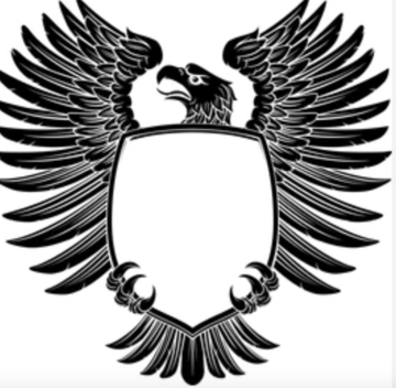 A Falcon (Bird) holding a Shield in its claws. This image is not the actual photo of A Coat of Strengths, rather a representation of a Falcon and Shield.