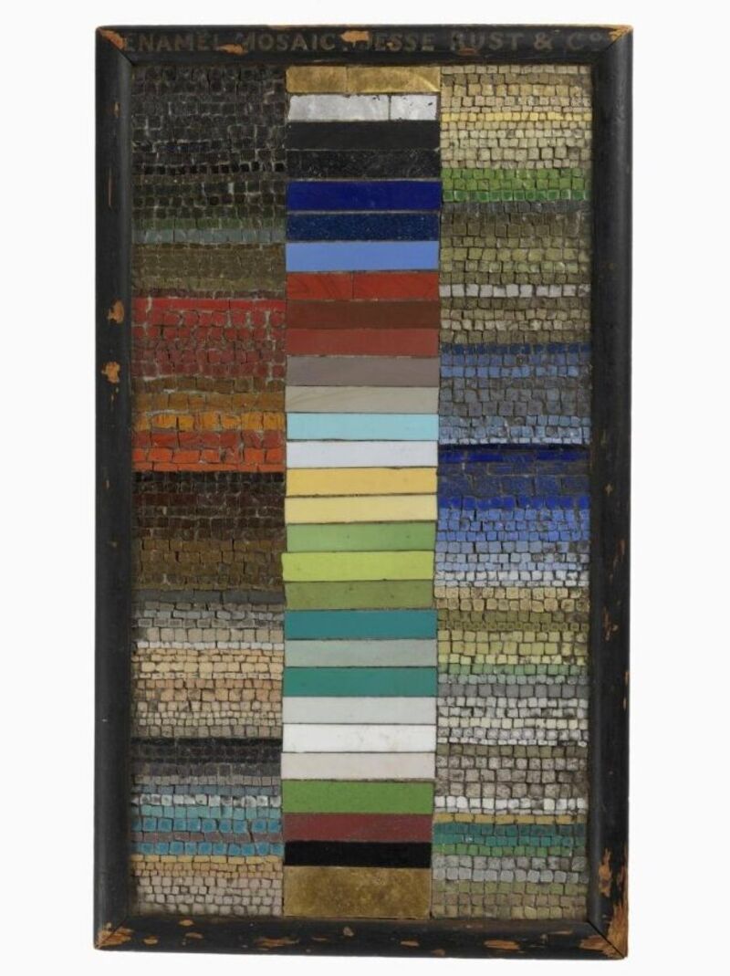 Jesse Rust Vitreous Mosaic Co trade sample boards: chromatic scale and pattern samples. Photographs © Victoria and Albert Museum 