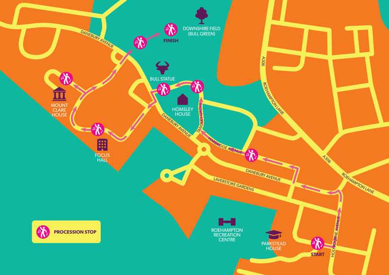 Map showing the Urban Flow procession route from Parkstead House to Downshire Field (Bull Green) with stops at key locations including Roehampton Recreation Centre, Focus Hall, Mount Clare House, and the Bull Statue. Route follows Danebury Avenue and nearby streets. Stops marked with walking/music icons.