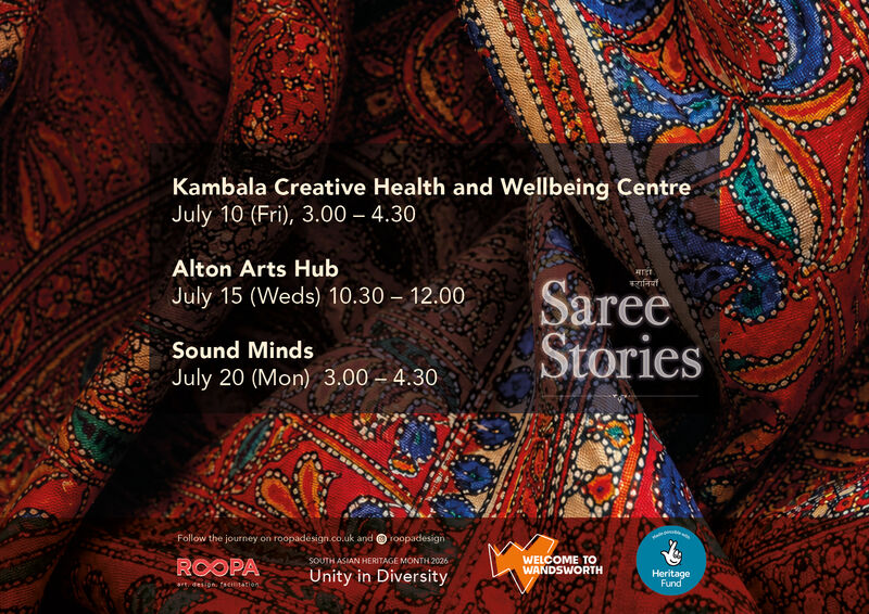 Promotional graphic for Saree Stories with a close-up red patterned saree background, project title, Hindi text, tagline and partner logos for Roopa, South Asian Heritage Month, Welcome to Wandsworth and Heritage Fund.