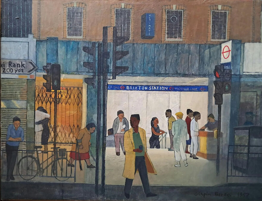 Painting of Brixton station with people on the street outside