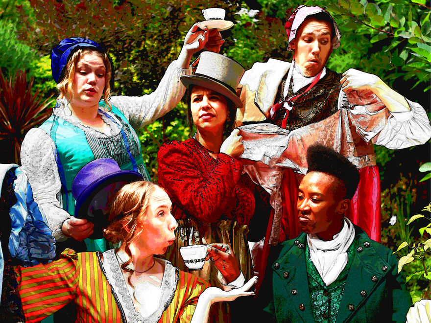 Five actors in Regency outfits swapping costumes and props in a madcap manner