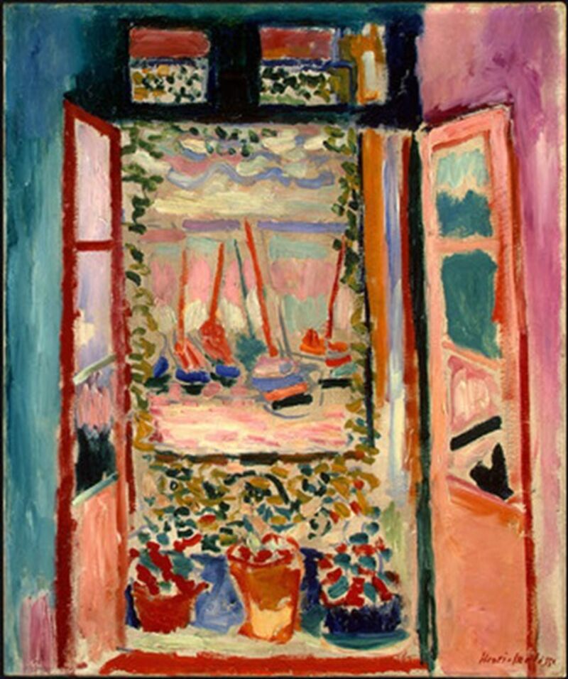Open Window a painting by Henri Matisse showing the boats anchored on the shore.