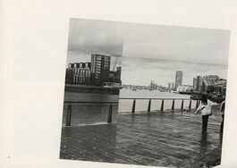 A page of a zine showing two people walking at Battersea Reach