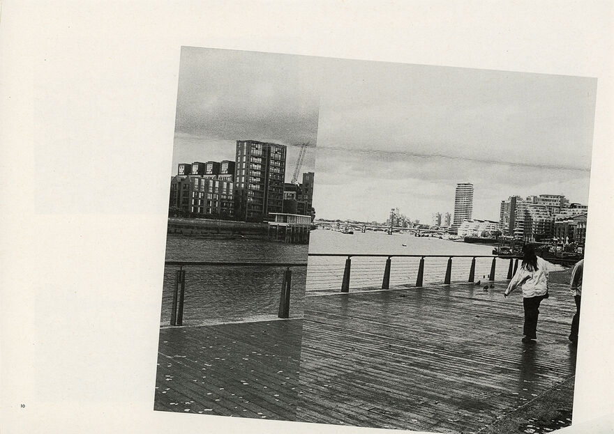 A page of a zine showing two people walking at Battersea Reach