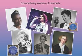 Pictures of six women and two blue plaques under the heading Extraordinary Women of Wandsworth