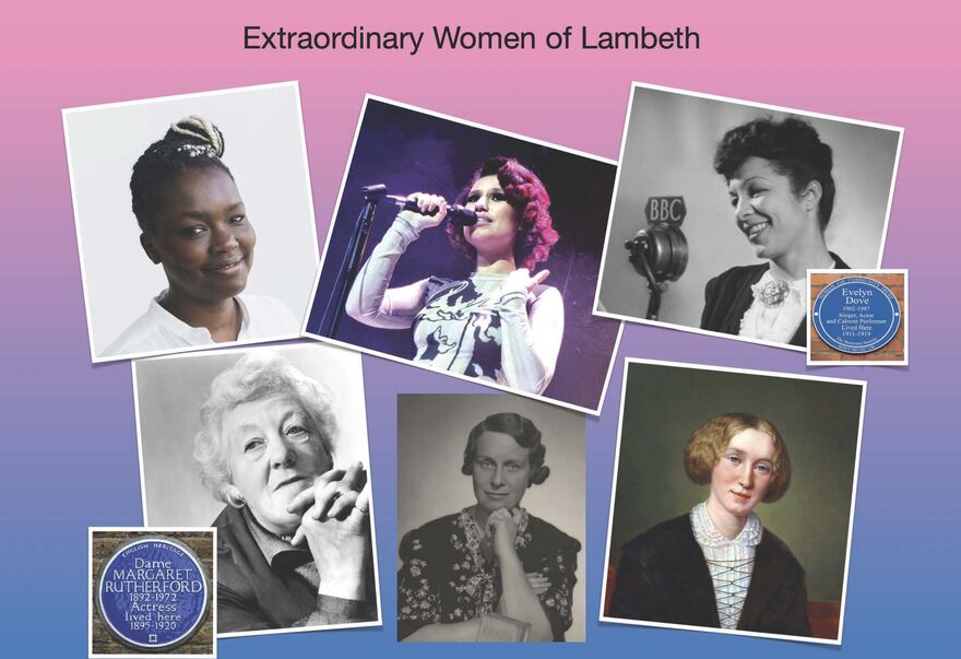 Pictures of six women and two blue plaques under the heading Extraordinary Women of Wandsworth