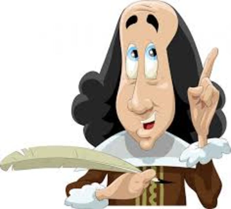 Cartoon of William Shakespeare holding quill pen, having inspirational idea