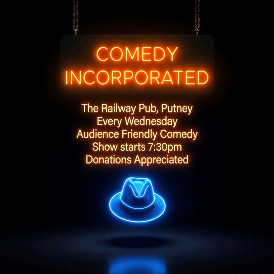 A neon orange sign, with a blue neon hat, comedy every Wednesday at the railway pub in Putney 