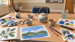 Teapot and cups of tea on a community hall table, alongside paints, brushes and simple paintings of leaves and a landscape.