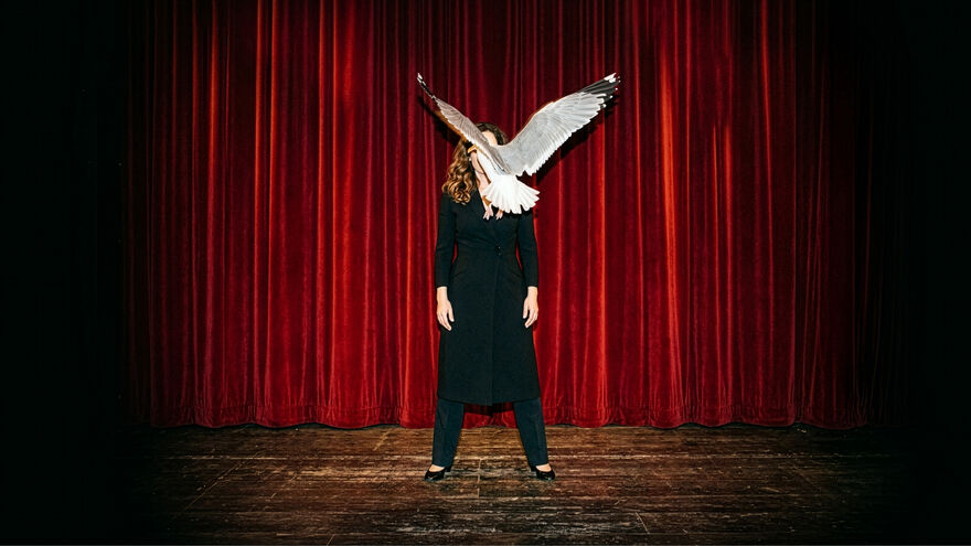 A woman is stood on a theatre stage in front of a red curtain. She’s white, wearing all black and has long brown hair. A seagull is flying towards her, blocking us from seeing her face.  
